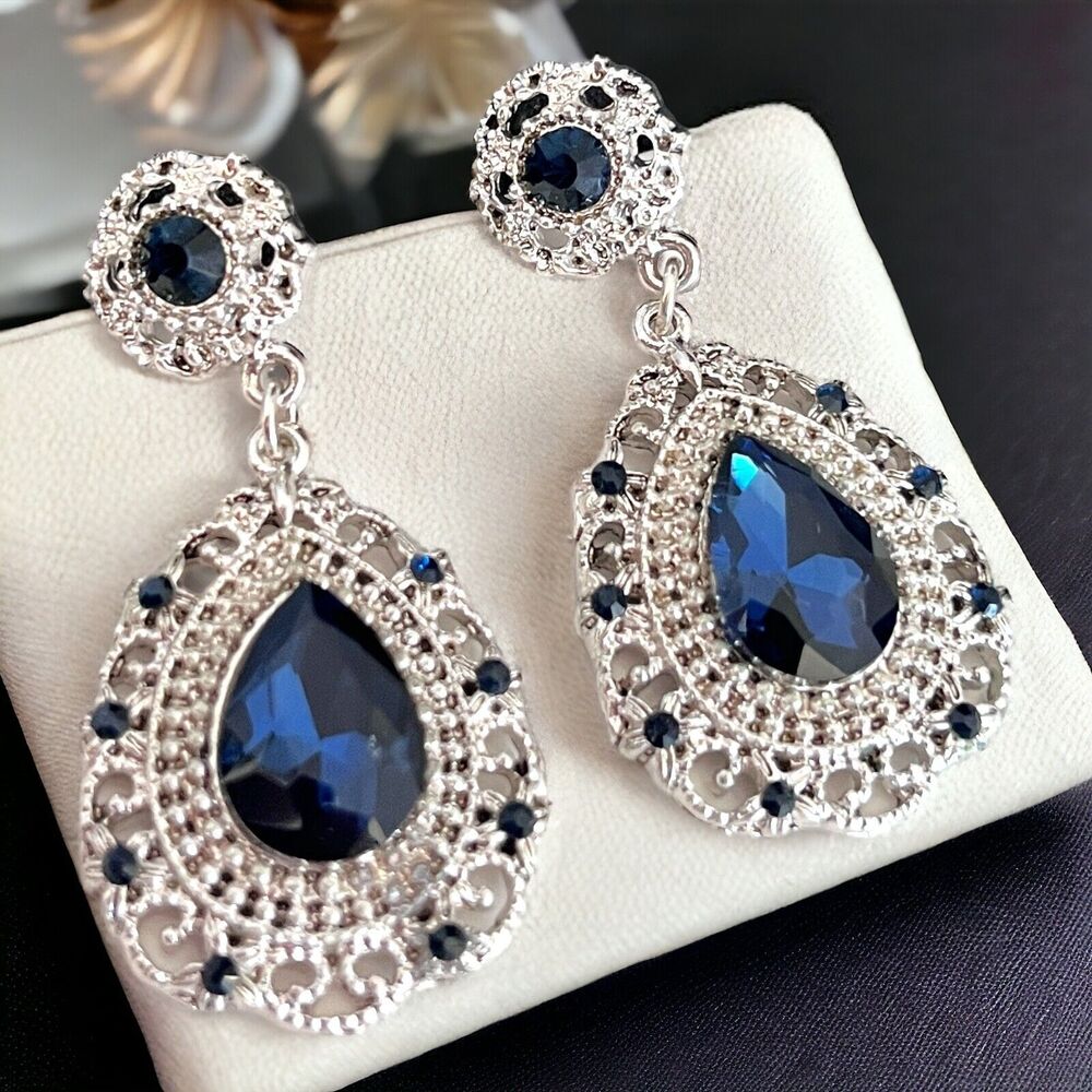 New Statement Earrings Silver Tone Blue Crystal Dangle Women's 1X